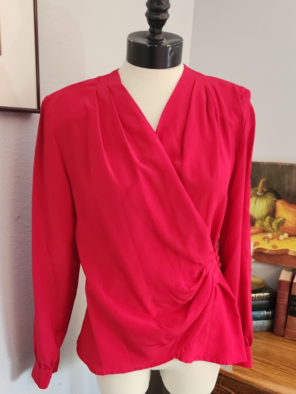 100% Silk Red Wrap-Style Blouse Vintage 80's NWT Career Wear Shoulder Pads